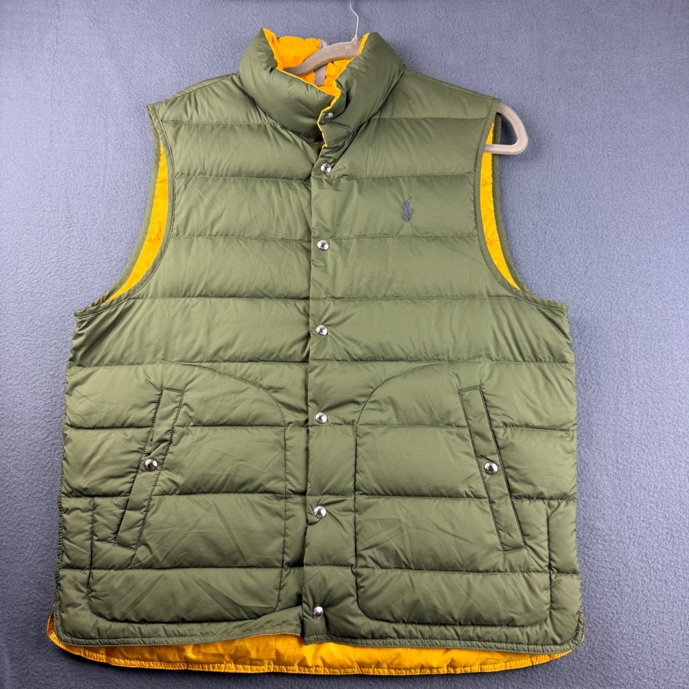 Polo Ralph Lauren Reversible Vest Men's M Green Yellow Puffer Quilted Snap Pony
